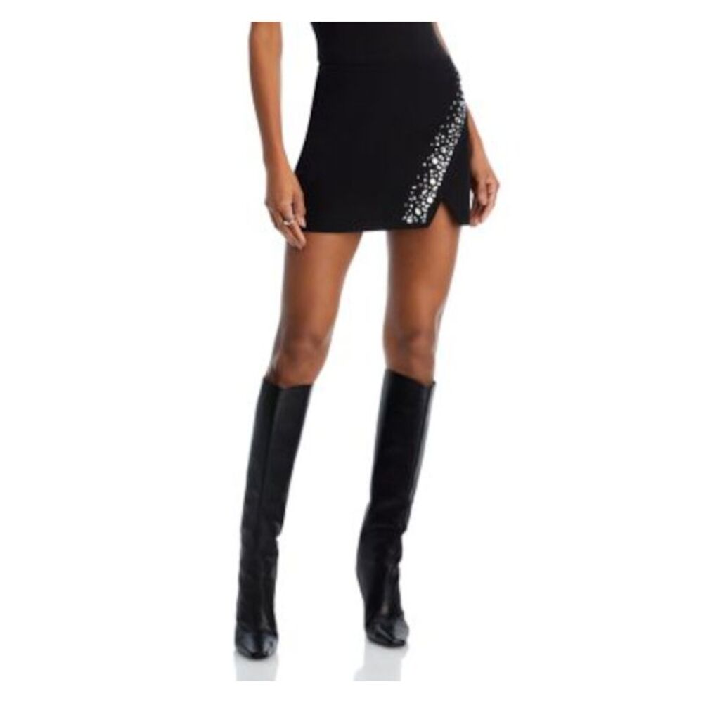 FORE Womens Black Embellished Zippered Lined Mini Cocktail Faux Wrap Skirt XS